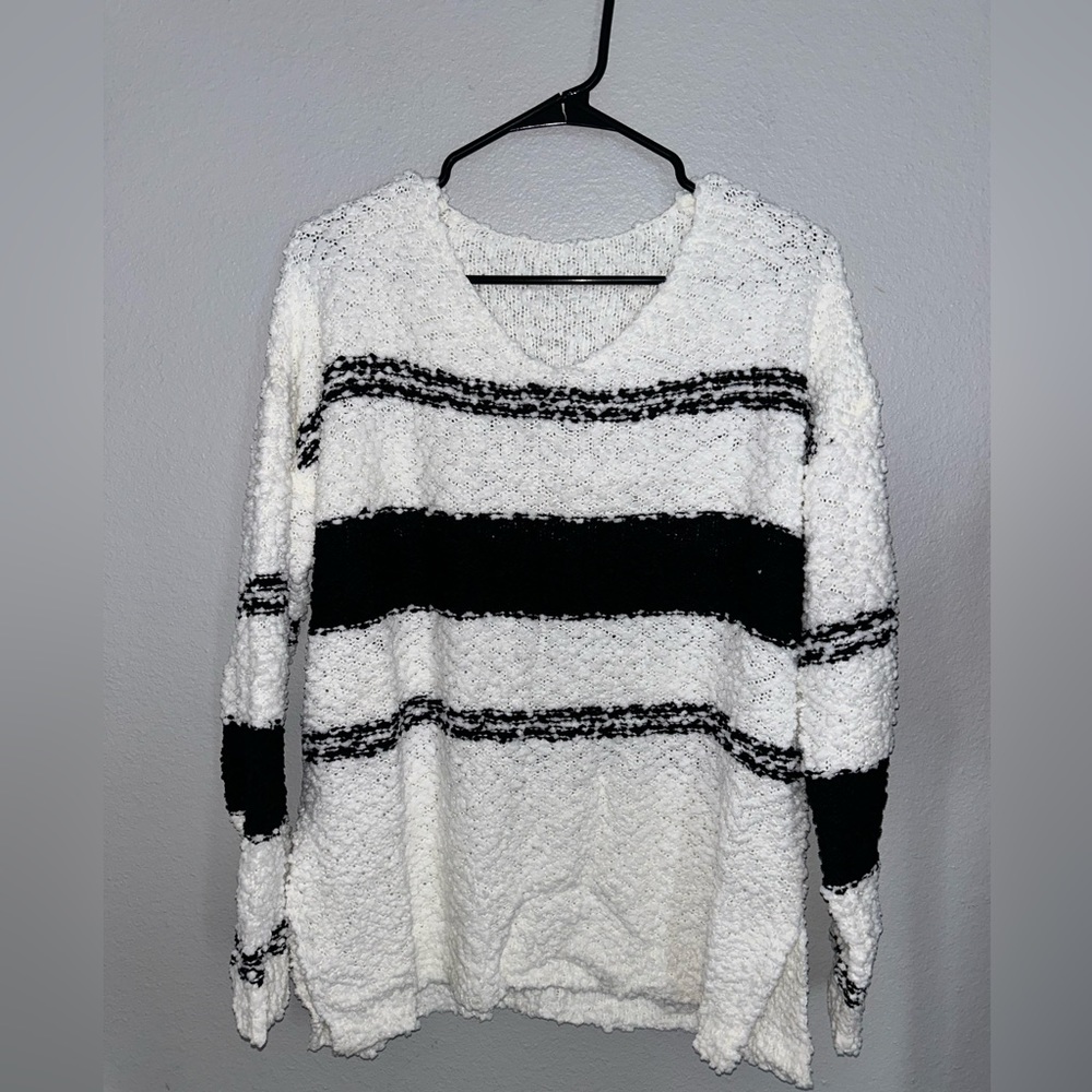 Black and White V-Neck Striped Oversized Knit Sweater - Picture 2 of 5